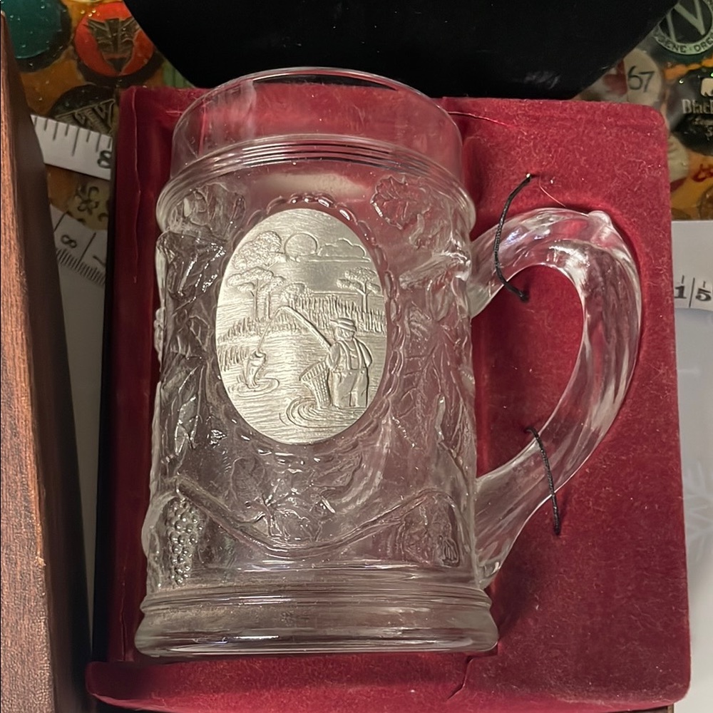 Clear Glass Beer Stein with Silver Medallion